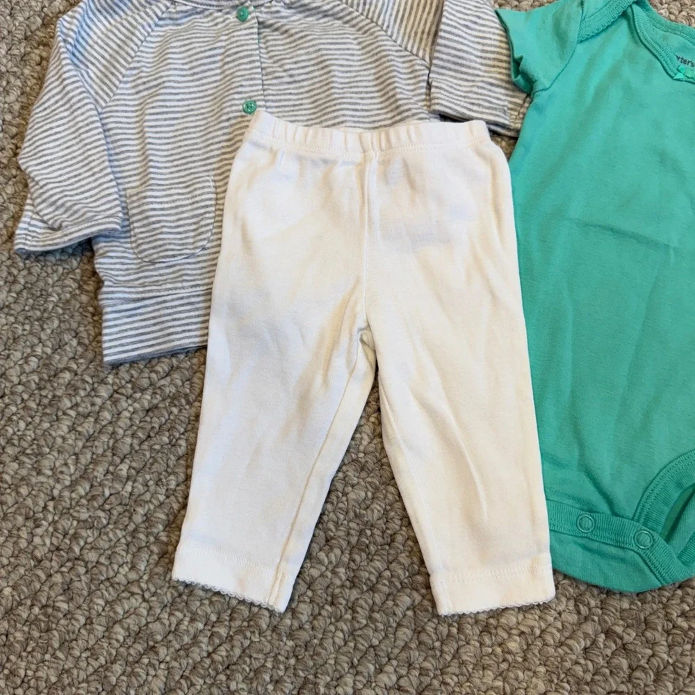 Carters Baby Girls 3 Piece Set Teal Bodysuit Cardigan‎ White Pants Size 3 Months - Picture 4 of 5